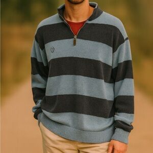 Men’s Chaps By Ralph Lauren Blue Gray Stripe 1/4 Zip Neck Pullover Sweater